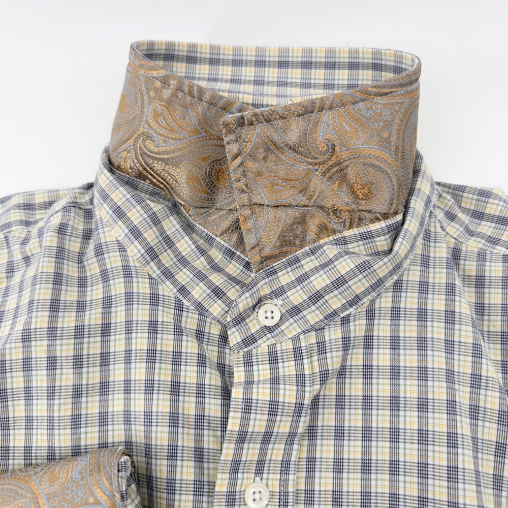 Christian Aujard Button Down Shirt Mens L Blue Yellow‎ Plaid Paisley Flip Cuff - Picture 6 of 11